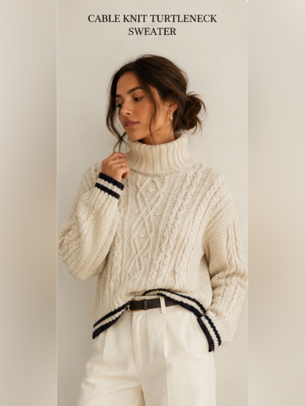 Vineyard Vines Cream Cable-Knit Turtleneck Sweater with Navy Trim